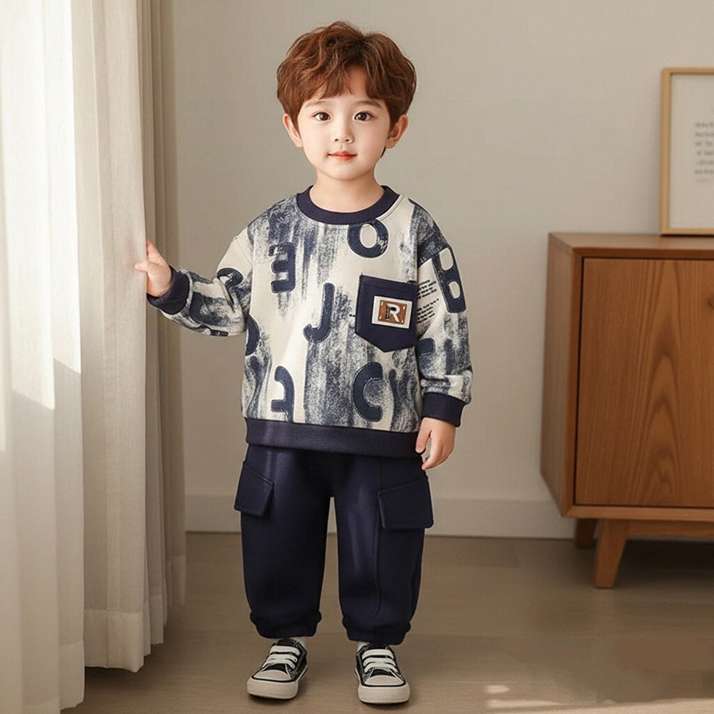 Boys Letter Print Cotton Sweatshirt Two-Piece Set