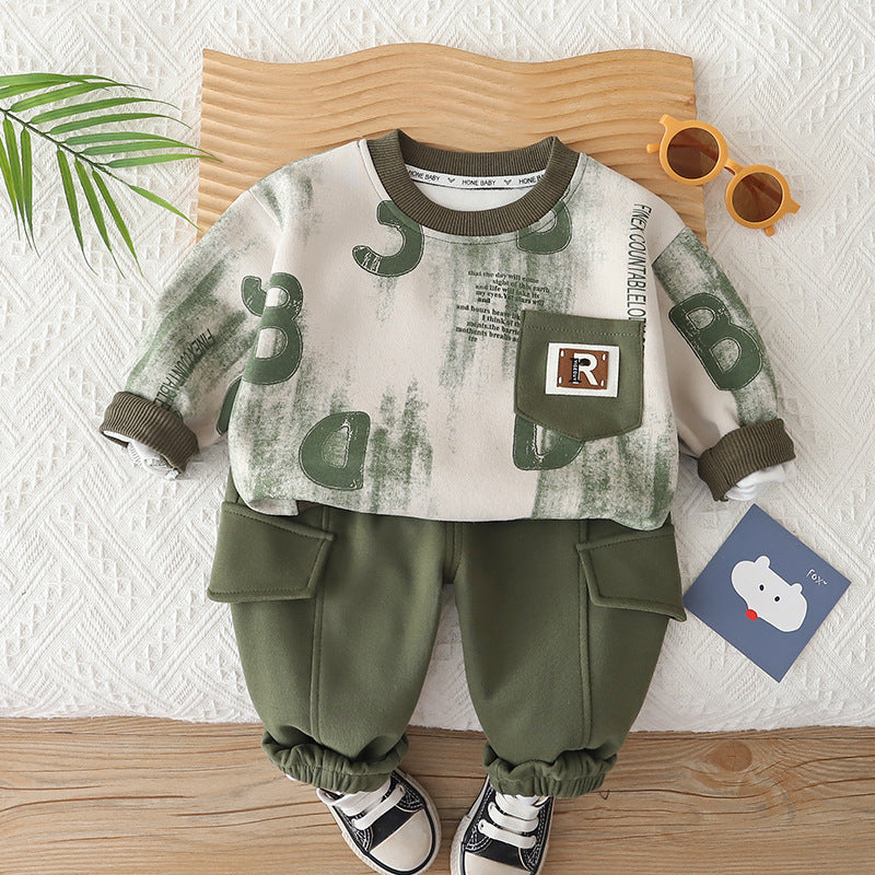 Boys Letter Print Cotton Sweatshirt Two-Piece Set