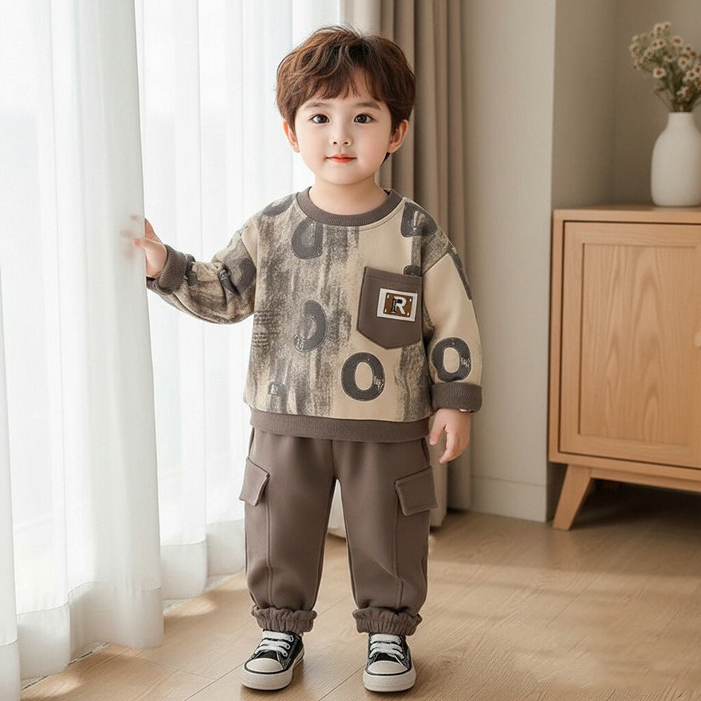 Boys Letter Print Cotton Sweatshirt Two-Piece Set