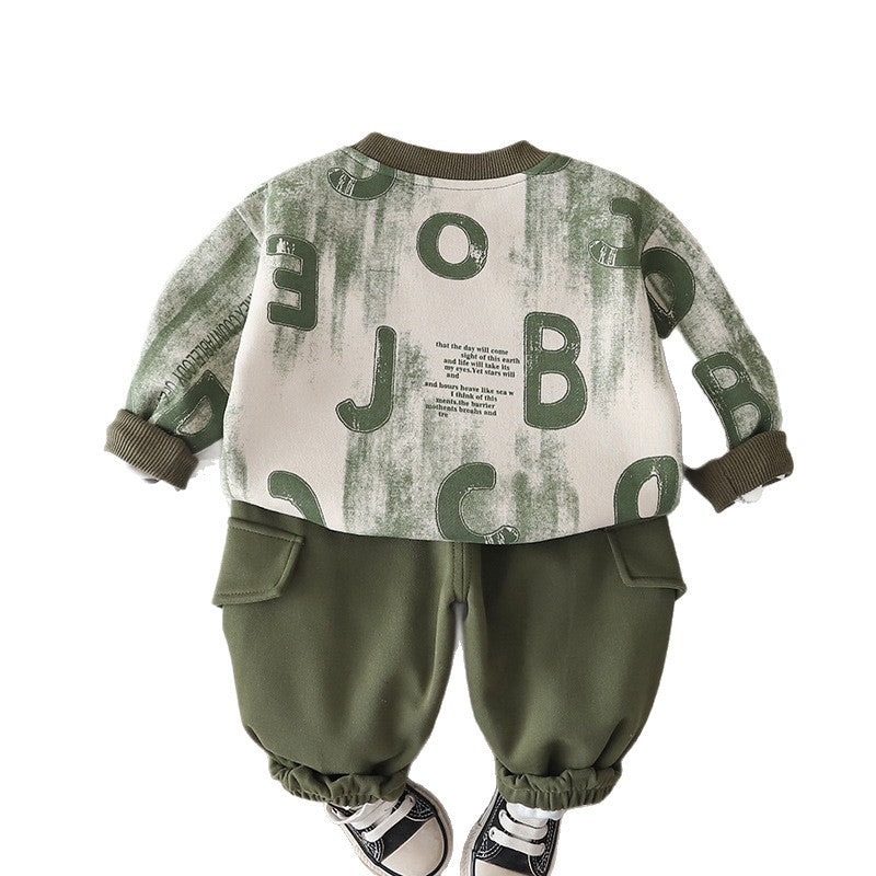 Boys Letter Print Cotton Sweatshirt Two-Piece Set