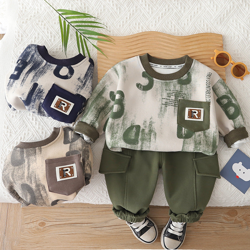 Boys Letter Print Cotton Sweatshirt Two-Piece Set