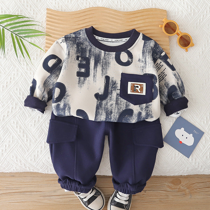 Boys Letter Print Cotton Sweatshirt Two-Piece Set
