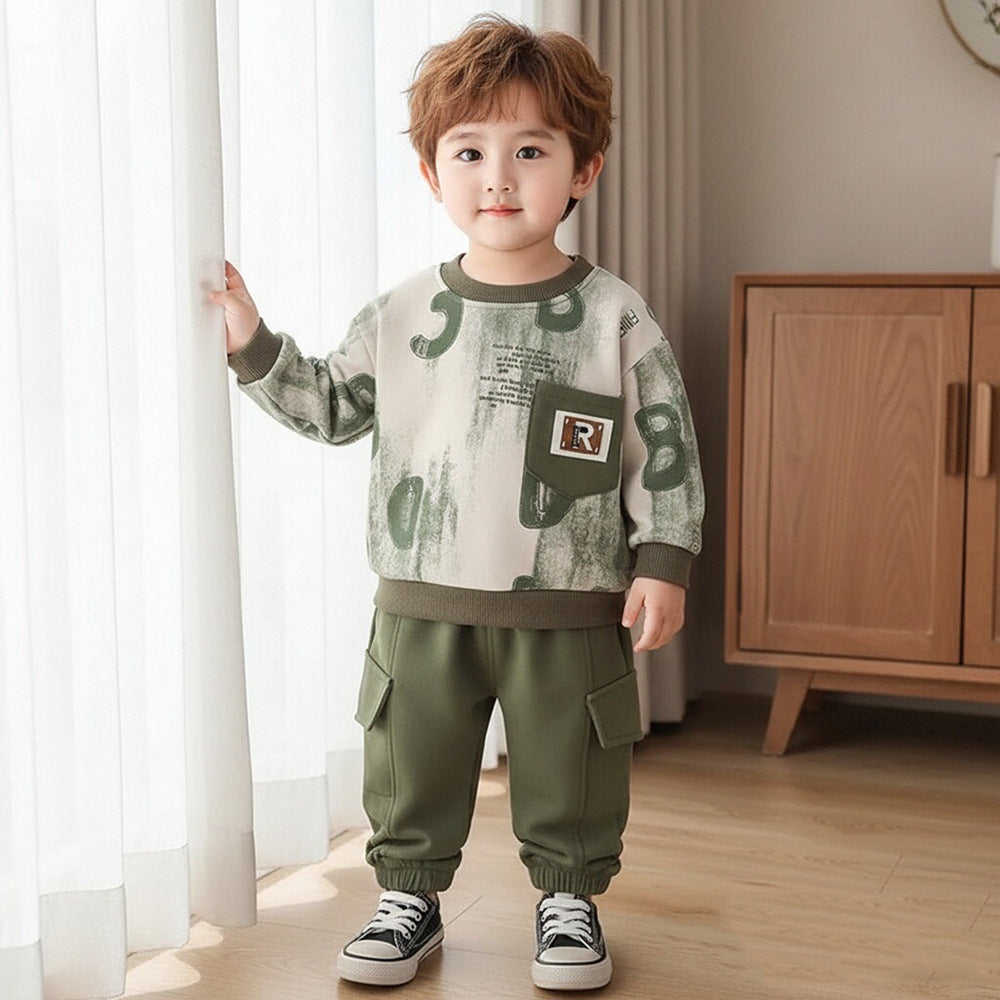 Boys Letter Print Cotton Sweatshirt Two-Piece Set