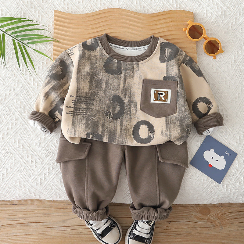 Boys Letter Print Cotton Sweatshirt Two-Piece Set
